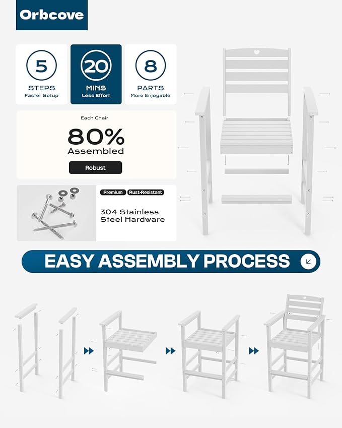 Tall Adirondack Chairs Set of 4, HDPE Wood Balcony Adirondack Chairs Set with Heart Cutout Design, Weather-Resistant Bar Height Furniture for Deck, Porch, Pool (White)