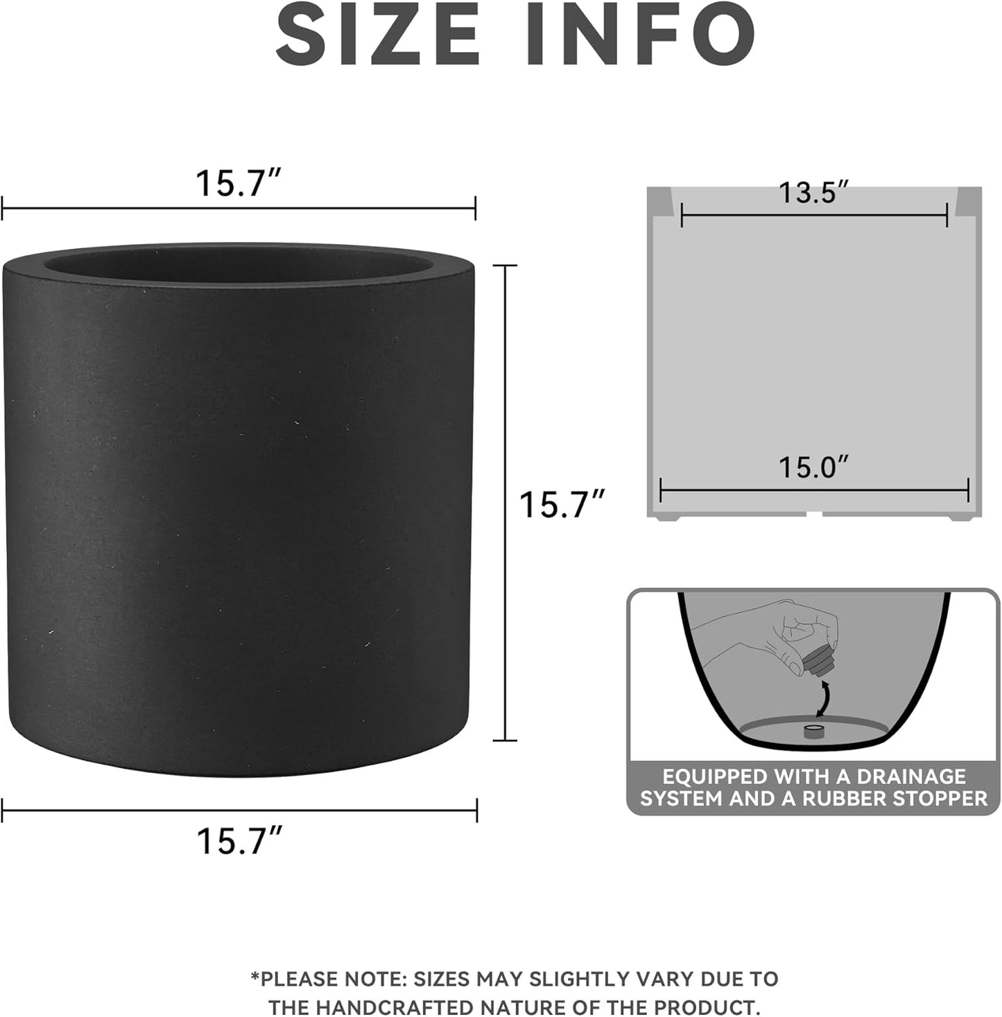 Kante 15.7" Dia Round Concrete Planter, Modern Style Large Cylindrical Plant Pot with Drainage Hole and Rubber Plug for Indoor Outdoor Patio, Burnished Black