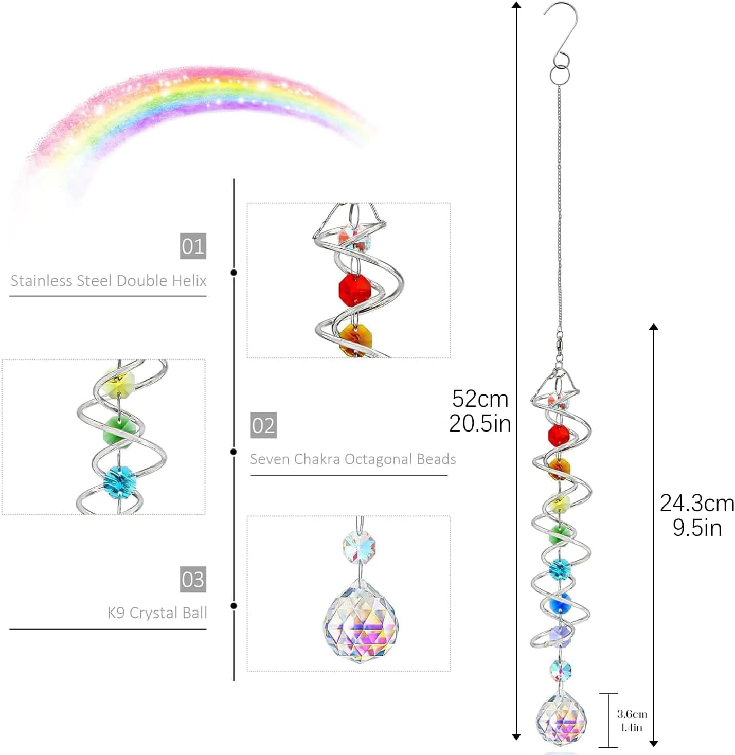 H&D HYALINE & DORA Sun Catchers for Windows,Crystal Sun Catcher with Seven Chakra Beads,Decorative Wind Spinner Tail Suncatcher for Indoor Christmas Decoration 20.5in