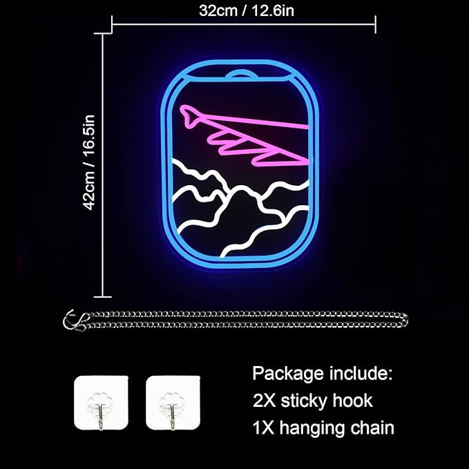 WLHOPE Airplane Window View Neon Signs Blue Pink LED Neon Sign for Wall Decor, USB Plane Window Clouds Neon Light Up Signs for Bedroom Living Room Game Room Office Shop Airport Wall Art Decor