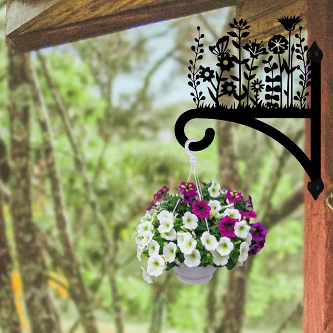 Peacoblue Iron Plant Hangers Hooks for Outdoor Indoor Hanging Plants Flower Fern Pot Lantern Bird Feeder Wind Chimes, 12"x15" Weather Resistant Metal Wall Holder for Porch Garden Farmhouse(Wildflower)