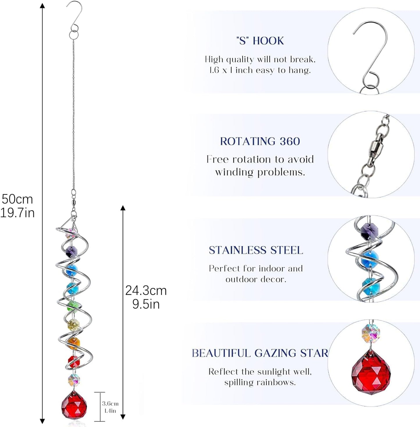 H&D HYALINE & DORA 7 Pack Crystal Suncatchers for Windows Hanging Gazing Ball Spiral Tail Wind Spinners Stainless Steel Hanging with Swivel Hook for Yard and Garden Indoor Home Decor