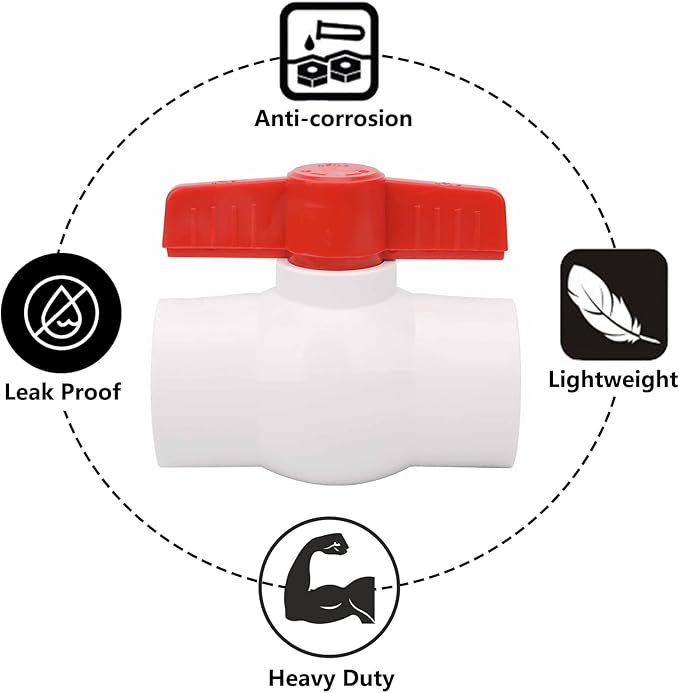 2Pcs 1-1/2" PVC Ball Valve Water Pipe Shut-off Valve Socket with Red T-Handle for Cold Water Supply lines, Irrigation Pipe fitting System(Socket x Socket), Schedule 40
