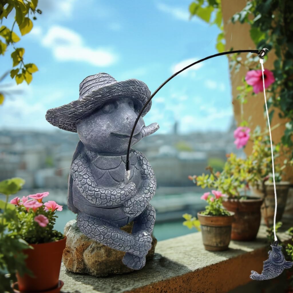 Tortoise Fishing Statue Garden Decor，9.8" Weatherproof Resin Tortoise Fishing Sculpture Decor for Fish Ponds, Koi Ponds, Waterfalls, Poolside Outdoor Gardens Resin Figurine for Indoor Outdoor Décor