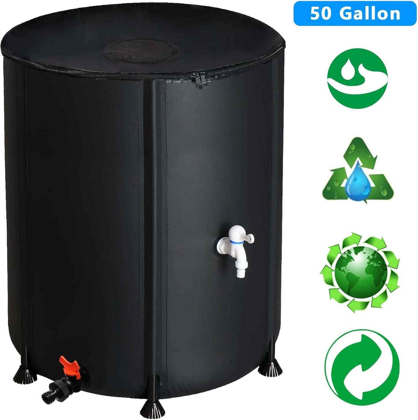 Collapsible Rain Barrel, 50 Gallon Portable Rainwater Collection System, Water Storage Tank, Rain Catcher Barrel with Two Spigots and Overflow Kit, Rain Water Barrel Collector for Garden, Black