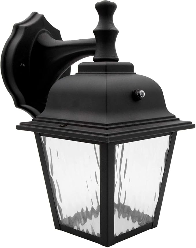 Maxxima LED Porch Lantern Outdoor Wall Light Fixture - Black, Clear Water Glass, Photocell Sensor, 875 Lumens, 3000K Warm White, Dusk to Dawn Light Sensor, Exterior Decorative Light