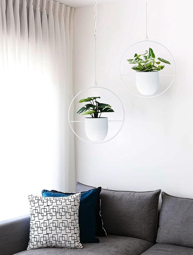 2 Pack Hanging Planters for Indoor Outdoor Plants Modern Metal Plant Hangers Wall and Ceiling Hanging Plants Baskets Mid Century Minimalist Flower Pots Home Decor, White