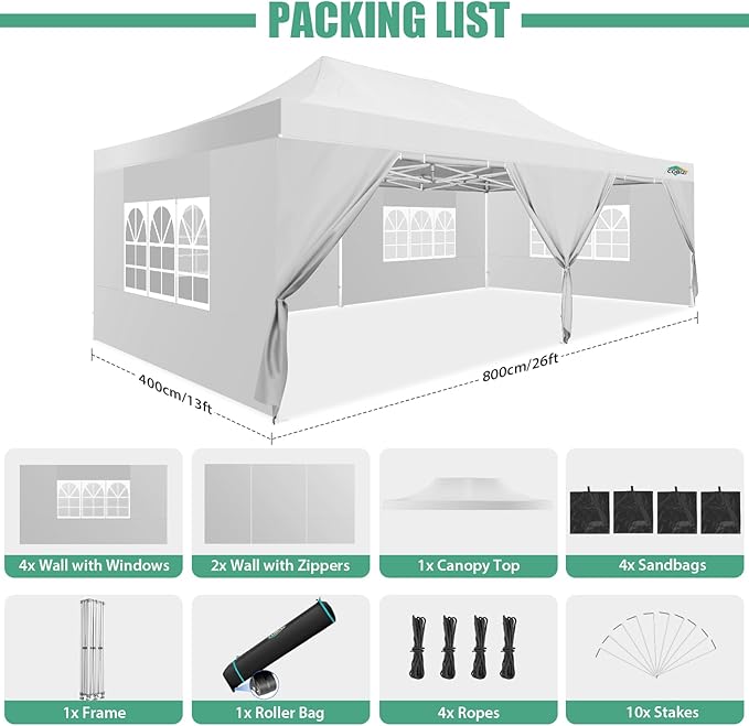 COBIZI 13x26 Pop Up Tent 13x26 Canopy with Sidewalls Heavy Duty Canopy Party Tent for Parties, Outdoor Wedding Large Event Tent Wind Waterproof UPF 50+ Ez Up in Garden Lawn with Roller Bag, White