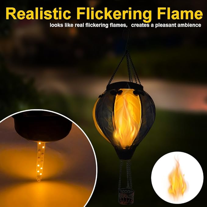 2PC Hot Air Balloon Solar Lantern with 2PC Shepherd Hook, Flickering Flame Hanging Solar Lanterns Outdoor Lights Waterproof Lanterns Decorative Garden Patio Yard Party Decor Colorful