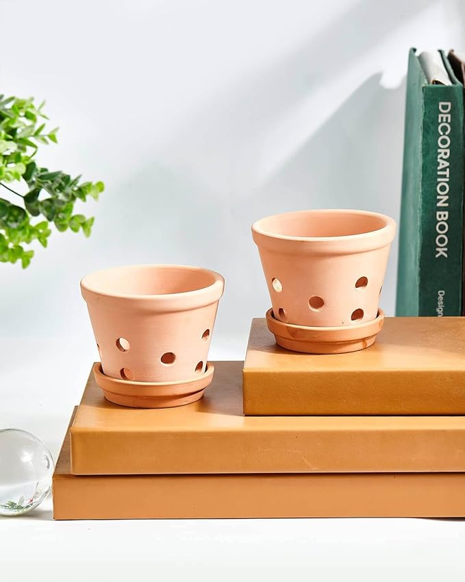 vensovo 4 Inch Terracotta Orchid Pots with Holes and Saucers - 6 Pcs Small Clay Planters for Repotting, Terra Cotta Pot for Plants Indoor and Outdoor Promotes Air Circulation