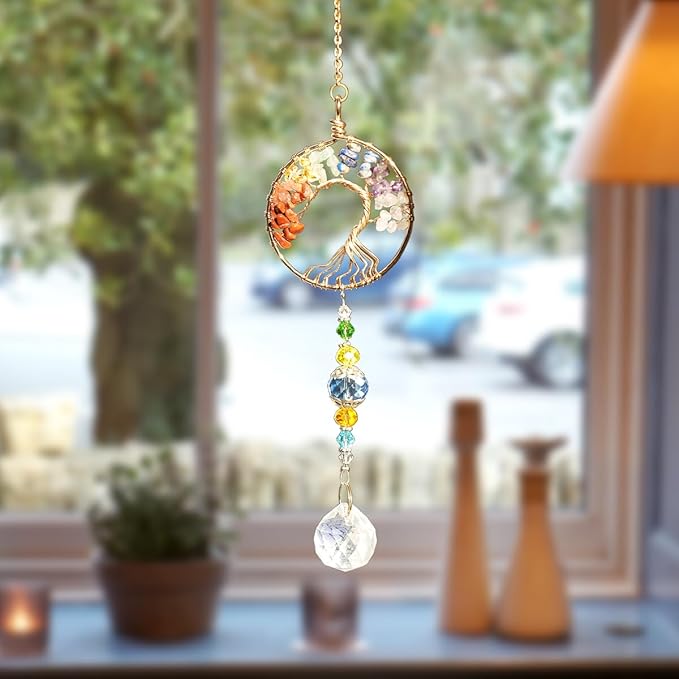 3pcs Tree of Life Chakra Crystal Suncatcher Windows Hanging Gloden Sun Catchers Decor with Prisms for Car, Feng Shui House Warming Gift for Home