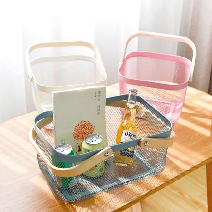 Portable Mesh Harvest Basket - Natural Bamboo Handle Foldable Organizer for Kitchen, Garden & Picnic | Ventilated Storage Bin with Rust-Proof Wire, Space-Saving Farmhouse Decor (Nebula Green)