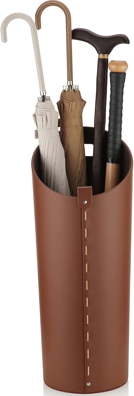 Brown Leather Umbrella Holder Indoor Umbrella Stand Rack for Entryway Tall Bucket That won't Fall Down Storage 10 Different Sizes of Canes Walking Sticks Toy Swords etc