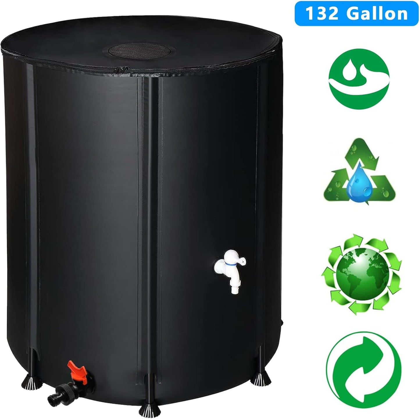 Collapsible Rain Barrel, 132 Gallon Portable Rainwater Collection System, Water Storage Tank, Rain Catcher Barrel with Two Spigots and Overflow Kit, Rain Water Barrel Collector for Garden, Black