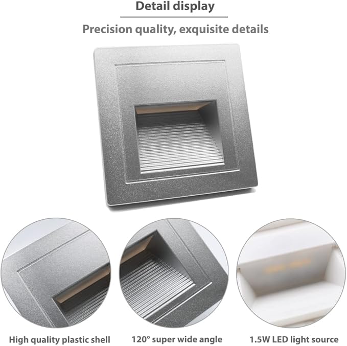 4Pcs 1.5W LED Step Light, Warm White 3000K Recessed Wall Spotlight for Staircase, Kitchen, Bedroom, Living Room, Cabinet, 110V Silver