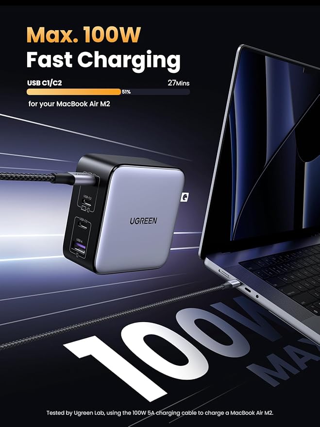 UGREEN 100W USB C Charger, Nexode 4-Port GaN Foldable Compact Fast Wall Charger Power Adapter for MacBook Pro/Air, iPad Pro, iPhone 16 Pro, Galaxy S24 Ultra, Steam Deck, Google Pixelbook