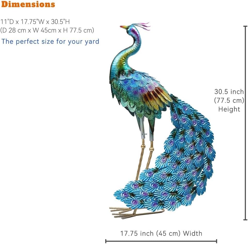Haven Treasures Luxury 30.5 inches Outdoor Metallic Peacock Statute for Your Garden Decoration, Outdoor Yard Decor Sculpture, Home Décor