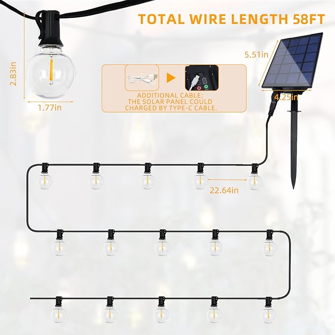 58FT Solar String Lights Waterproof with Remote, G40 LED Dimmable Globe Outdoor Lights for Patio with 27 Edison Vintage Shatterproof Bulbs, Connectable Backyard Lights for Bistro, Porch