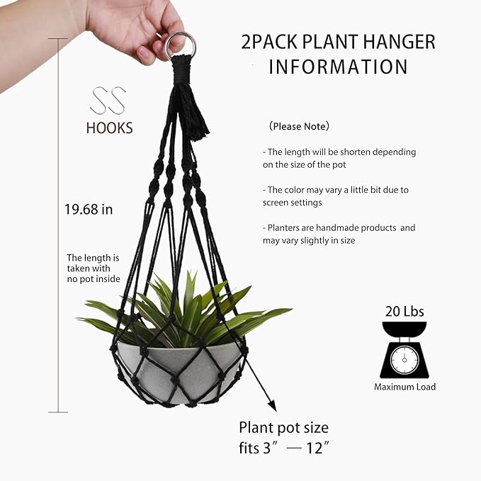 Artilady Black Plant Hanger Macrame Hanging Planter for Indoor Boho Plants Holder with Hooks Hanging Plant Basket Outdoor Window Wall Plants Home Decor