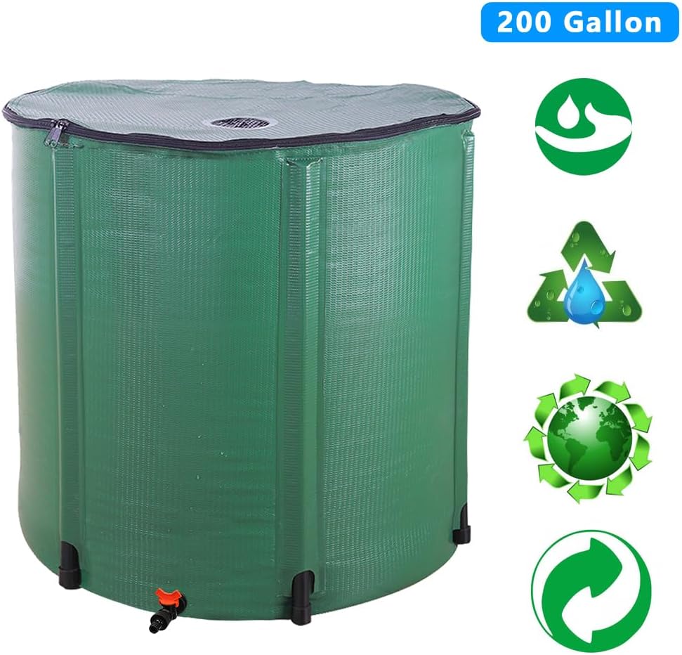 200 Gallon Collapsible Rain Barrel, Portable Rainwater Collection System, Rain Catcher Barrel, Water Storage Tank with Spigots and Overflow Kit, Rain Water Barrel Collector for Garden, Green