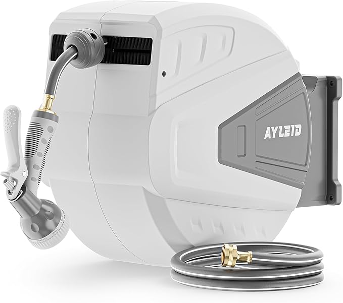 Ayleid Retractable Garden Hose Reel,1/2 in x 130 ft Wall Mounted Hose Reel, with 9- Function Sprayer Nozzle, Any Length Lock/Slow Return System/Wall Mounted/180°Swivel Bracket (Grey)