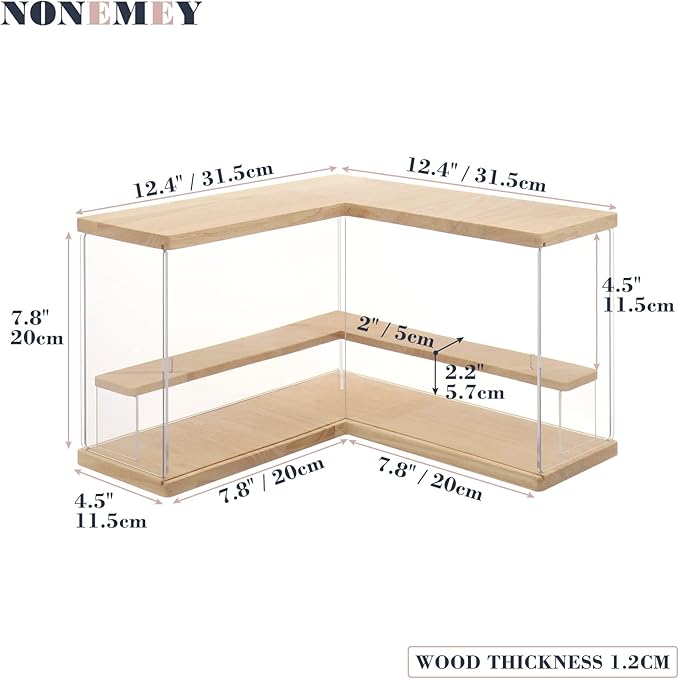 NONEMEY Clear Acrylic Display Case Stand with Wood Base 2/3/4/5/6 Tier Storage Box Showcase Dustproof Organizer Box for Collectibles (2Tier L Shape)