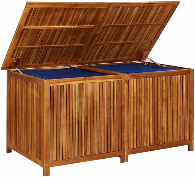 vidaXL Wooden Outdoor Storage Box with Gas-Lift Lid – Patio Deck Chest with Zippered Waterproof Bag for Garden Bench, Pool, Porch, Trunk, Cabinet, Teak Look – Brown, 59.1"x31.5"x29.5"