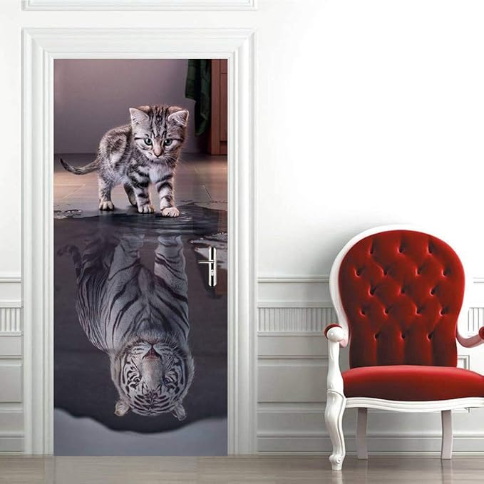 3D Peel and Stick Wall Mural - Cat Becomes Tiger - Self-Adhesive Removable PVC Waterproof Door Poster for Bedroom Living Room 37.4" x 82.7"