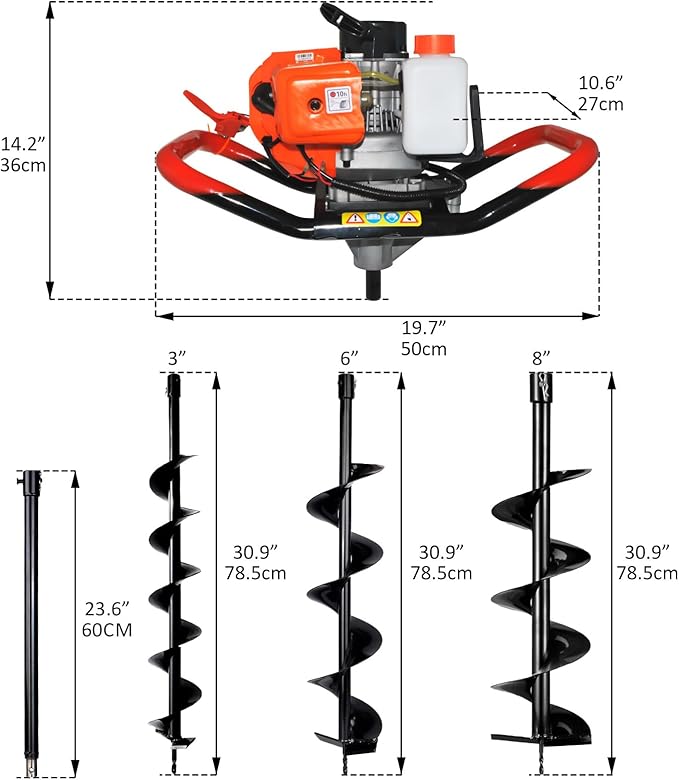 62cc 2.8HP Post Hole Digger Gas Powered, Gas Earth Auger/Ice Auger, with 2 Drill Bits 3"/6"/8" + 3 Extension Bar, One Man Earth Auger for Planting Fence, EPA Compliant Post Hole Auger