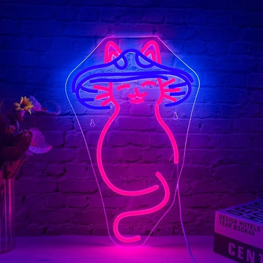 Mushroom Cat Neon Sign Cat Neon Signs for Wall Decor Dimmable Mushroom Cat Neon Lights LED Light Up Sign for Bedroom,Living Room,Bar,Party,Christmas,Birthday Art Gift
