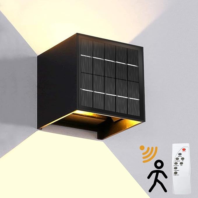 LANFU Solar Powered Motion Sensor Square Outdoor Wall Lights,Black Modern Up and Down Wall Lamps 10W,IP65 Waterproof Warm White 3000K Wall Sconce Light Exterior for Fence,Garden