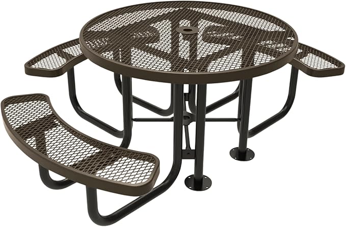 Heavy-Duty Portable Outdoor Picnic Table with Umbrella Hole, Expanded Metal Patio Dining Furniture Made in America (46" Round Top, Textured Brown)