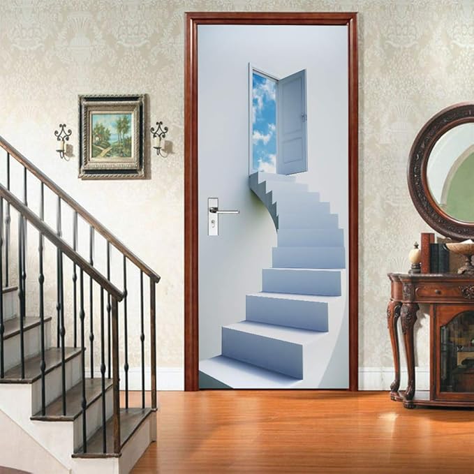 3D Door Stickers Murals - Stairs - Door Wallpaper - Self-Adhesive - Removable - PVC - Waterproof - Matt Finish - Modern Style - White - 37.4" x 78.7"