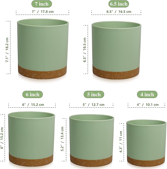5 Pack Cylindrical Flower Pots with 7/6.5/6/5/4 inch, Modern Small Plastic Plant Pots with Drainage Holes & Saucers, Round Planter Pots for Outdoor, Indoor & Office Decor (Green Brown)