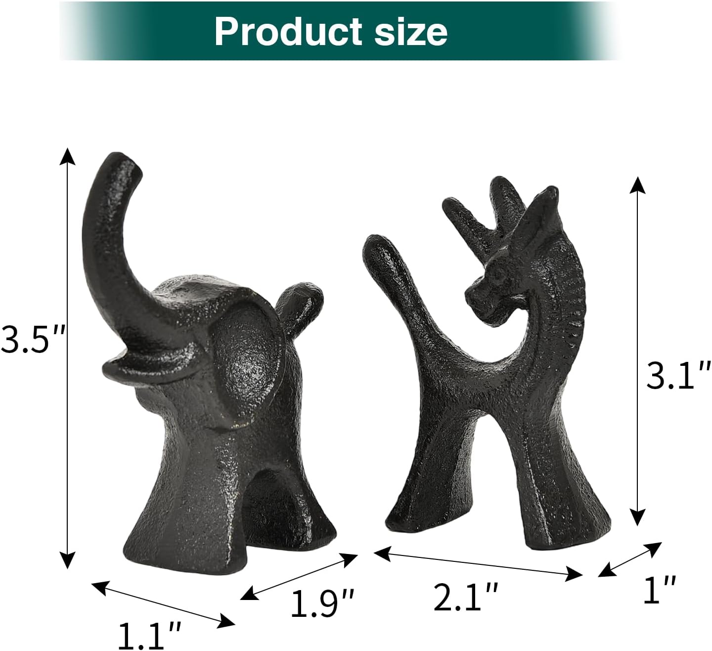 Sungmor Set of 2 Cast Iron Elephant & Unicorn Figurines - Rustic Black Animal Sculptures for Shelf, Desk, or Entryway - Heavyweight Decorative Mini Cute Statues - Whimsical Vintage Home Décor