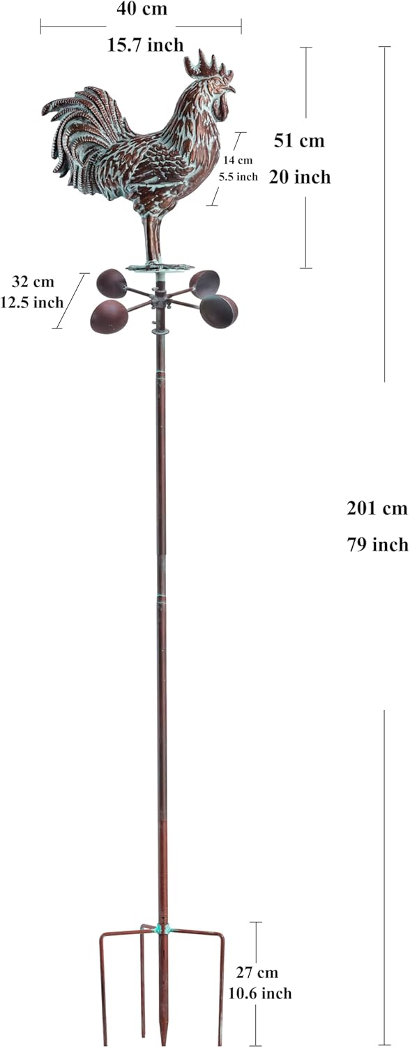 Metal Wind Spinner Rooster Décor Garden Statue 79" Antique Copper Chicken Yard Art Sculpture Outdoor Kinetic Garden Stake for Patio,Lawn,Country Cottage,Farm