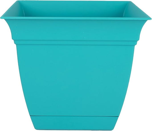 The HC Companies 10 Inch Eclipse Square Planter with Saucer – Indoor Outdoor Plant Pot for Flowers Vegetables Herbs, Teal