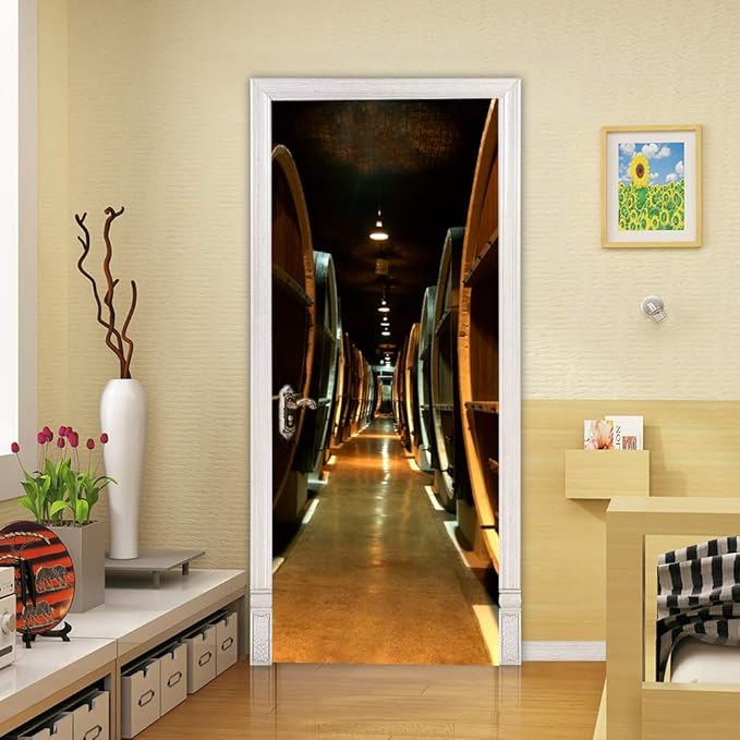 3D Door Stickers Murals - Peel & Stick Wine Cellar Theme - Removable PVC Waterproof Door Poster, 37.4" x 84.6" for Bedroom & Living Room