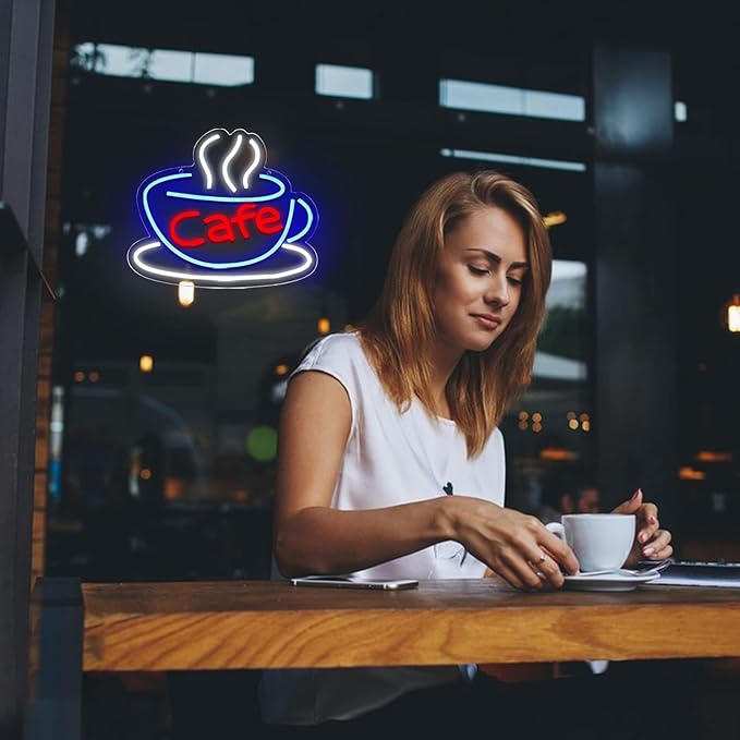 Cafe Neon Sign for Coffee Bar Pub Decor,Blue Wall Art Decoration For Restaurant Living room,Led Light of Cafe,USB Power Supply With Metal Chain.