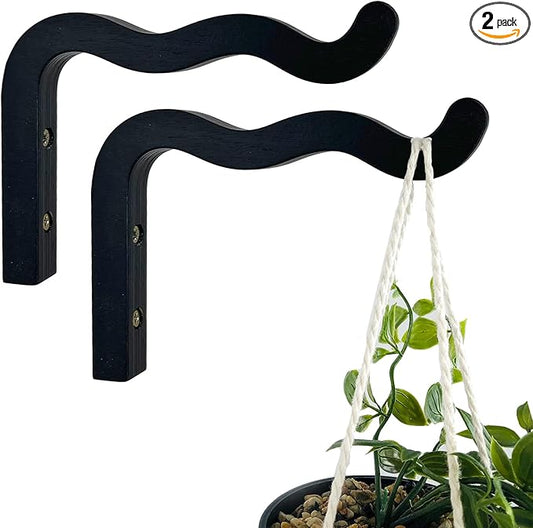 2-Piece Set of Wavy Wooden Wall Planters for Indoor Plants 6 Inch - Natural Plant Hook for Wall Plant, Wind Chimes, Flower Brackets, Patio Garden Decorations - Bracket Plant Hanger (Black)
