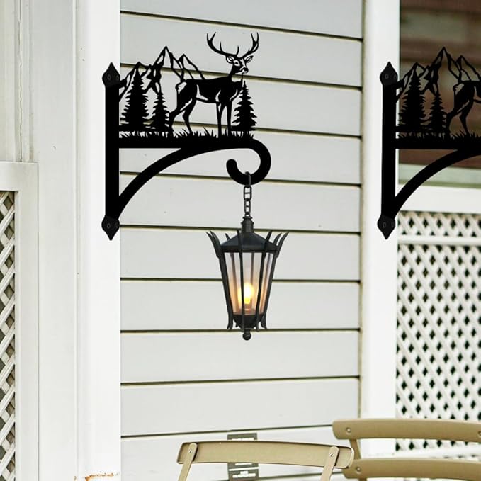 peacoblue Iron Plant Hanger Hook for Outdoor Indoor Hanging Plant Flower Fern Pots Lantern Bird Feeder,12"x15.4" Weather Resistant Metal Wall Holder for Porch Garden Farmhouse(Deer and Forest)