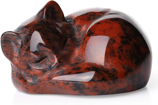 LAIDANLA Sleeping Cat Statue Red Obsidian Healing Gemstone Hand Carved Cute Kitten Statue Figurine 1.6" Decor Polished Stone Reiki Bedroom Office Desk Home Decoration Gifts