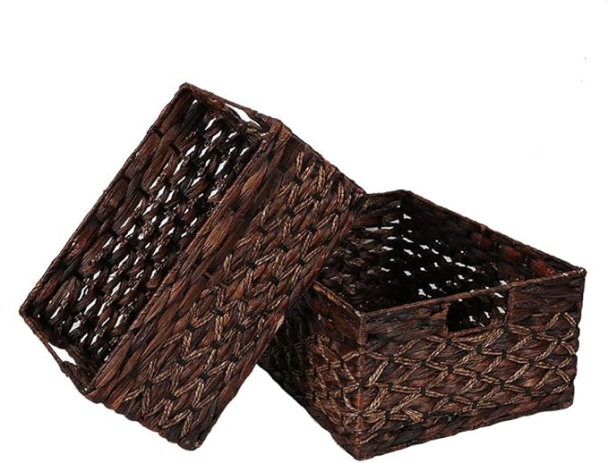 Rectangular Woven Water Hyacinth Basket,Dark Storage Basket With Inside Handle Shelves Kitchen Office Desk (Set of 2)