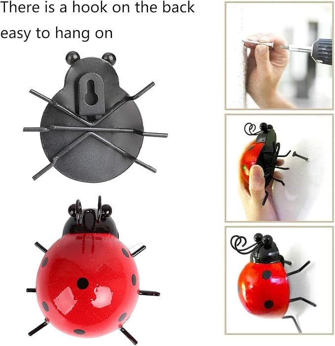 Metal Garden Decor for Outside Cute Ladybugs Yard Art Lawn Ornaments Wall Sculptures & Statues Outdoor Fence Decorations for Patio - Set of 8