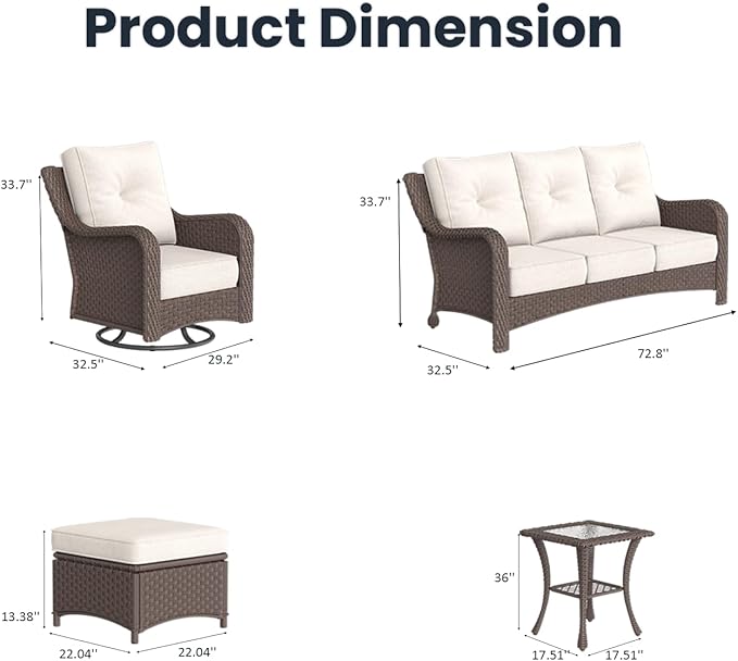 6 Pieces Outdoor Patio Furniture Sets with Rocking Swivel Chairs with 6-inch Thick Cushion and Side Table for Deck Lawn