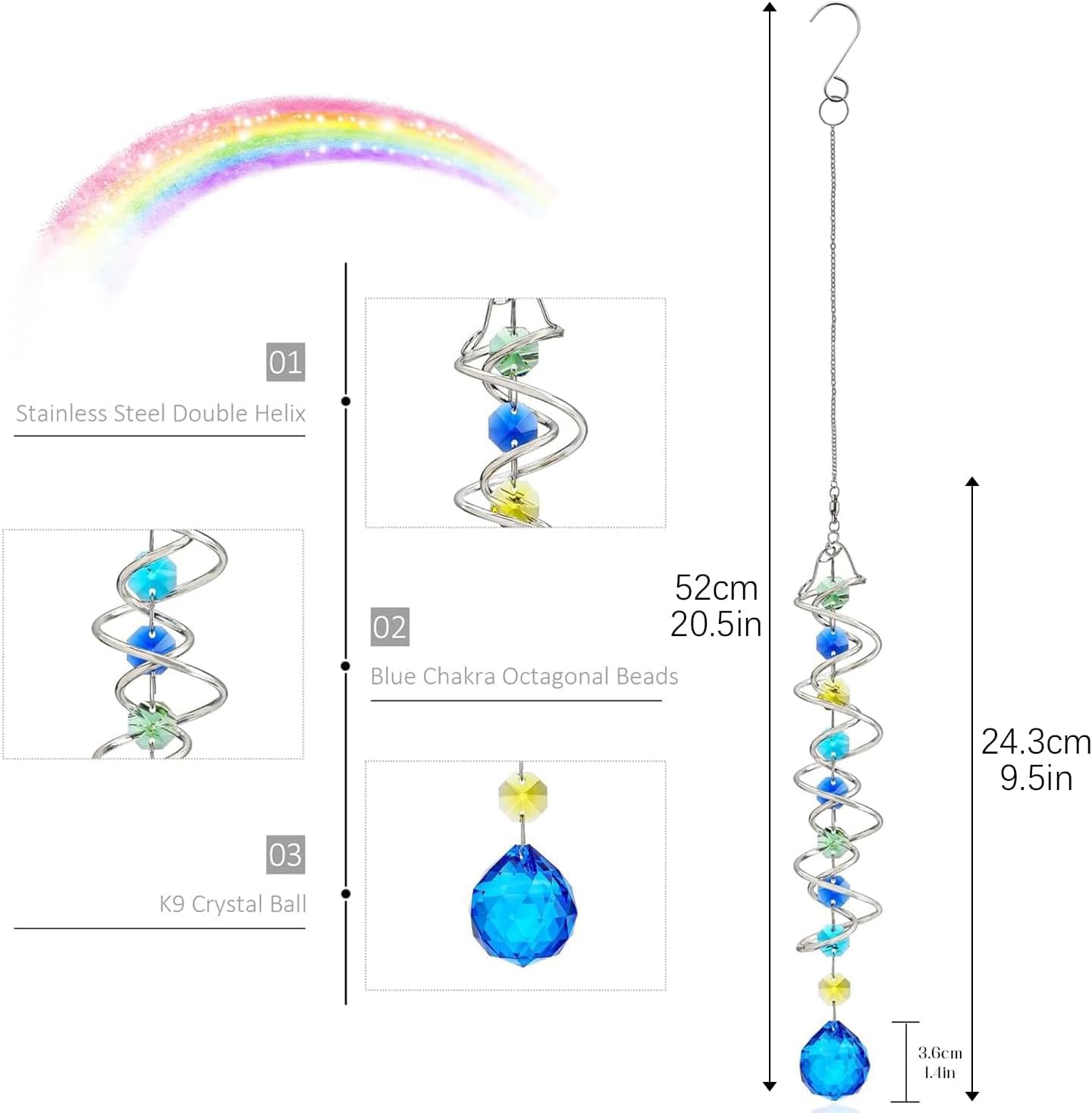 H&D HYALINE & DORA 20.5inch Gazing Ball Spiral Tail,Decorative Wind Spinner Sun Catcher,Rainbow Maker Double-Spiral W/Sea Blue Crystal Ball and Chain,Glass Crystals for Indoor Outdoor Decoration
