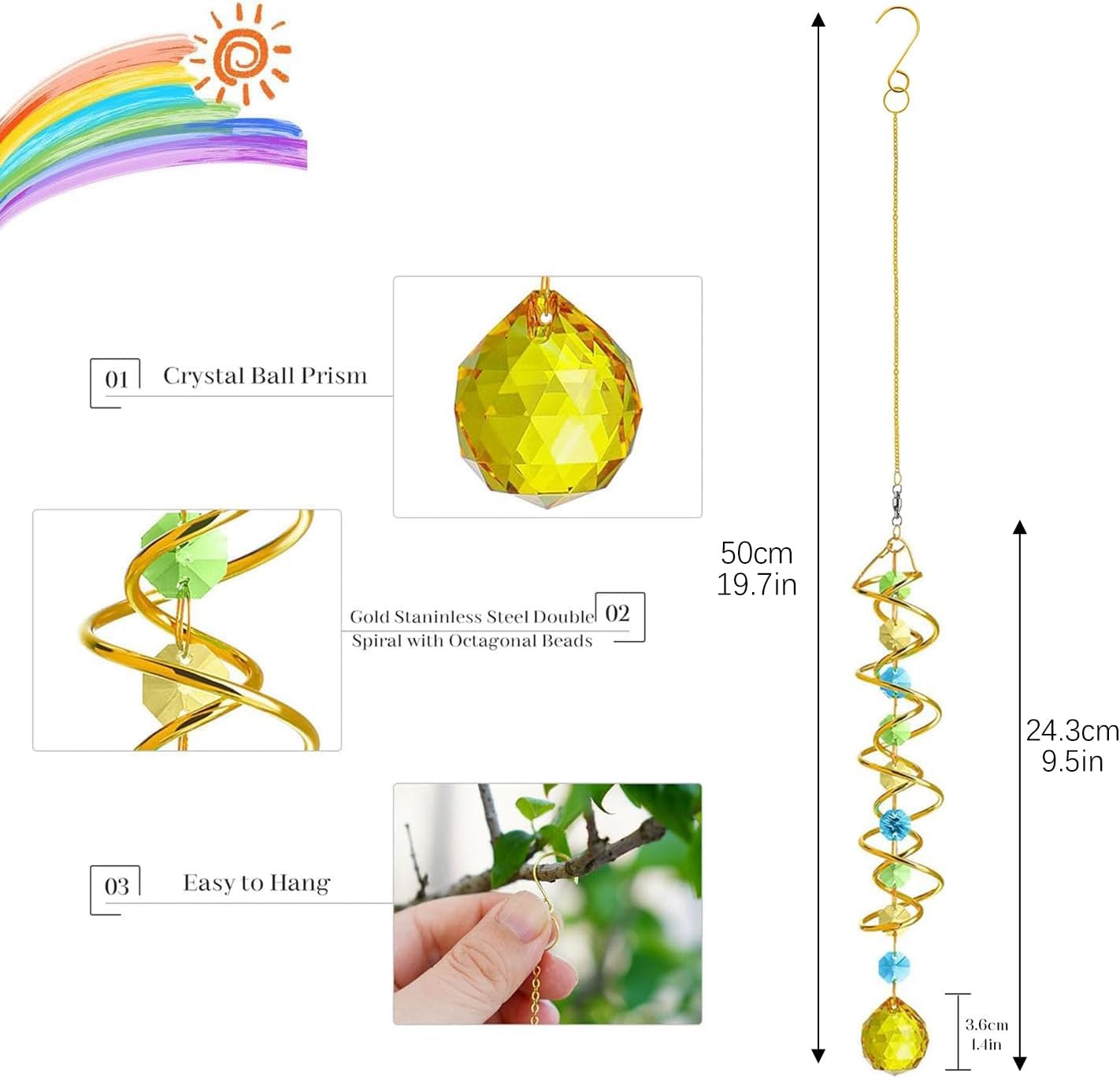 H&D HYALINE & DORA Glass Gazing Ball Spiral Tail Decorative Sun Catcher,20.5in Rainbow Maker Double-Spiral W/Yellow Crystal Ball Prism Sun Catcher for Indoor Outdoor Garden Decoration