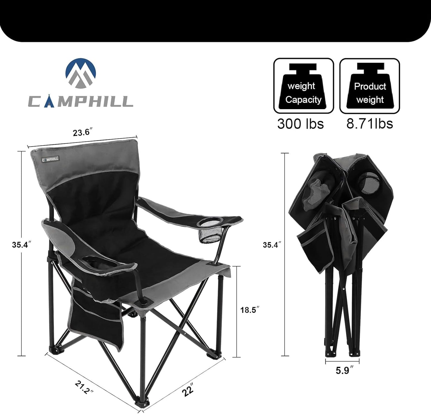 CAMPHILL Oversized Portable Camping Chairs, Collapsible Outdoor Chairs with Pocket and Cup Holders, Carry Bag for Camping,Tailgates,Beach,and Sports