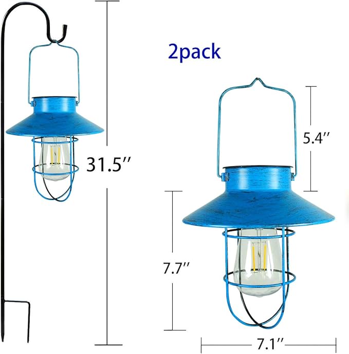 2 Pack Hanging Solar Lantern Lights with Shepherd Hook, Metal Waterproof Warm White Edison Bulb Lights for Garden Outdoor Pathway (Bule)