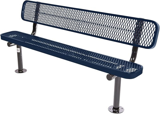 Coated Outdoor Furniture Heavy-Duty Outdoor Bench Thermoplastic Coated, Expanded Metal, Commercial-Grade Seating, Made in America (Surface with Back, 6 Ft, Textured Dark Blue)
